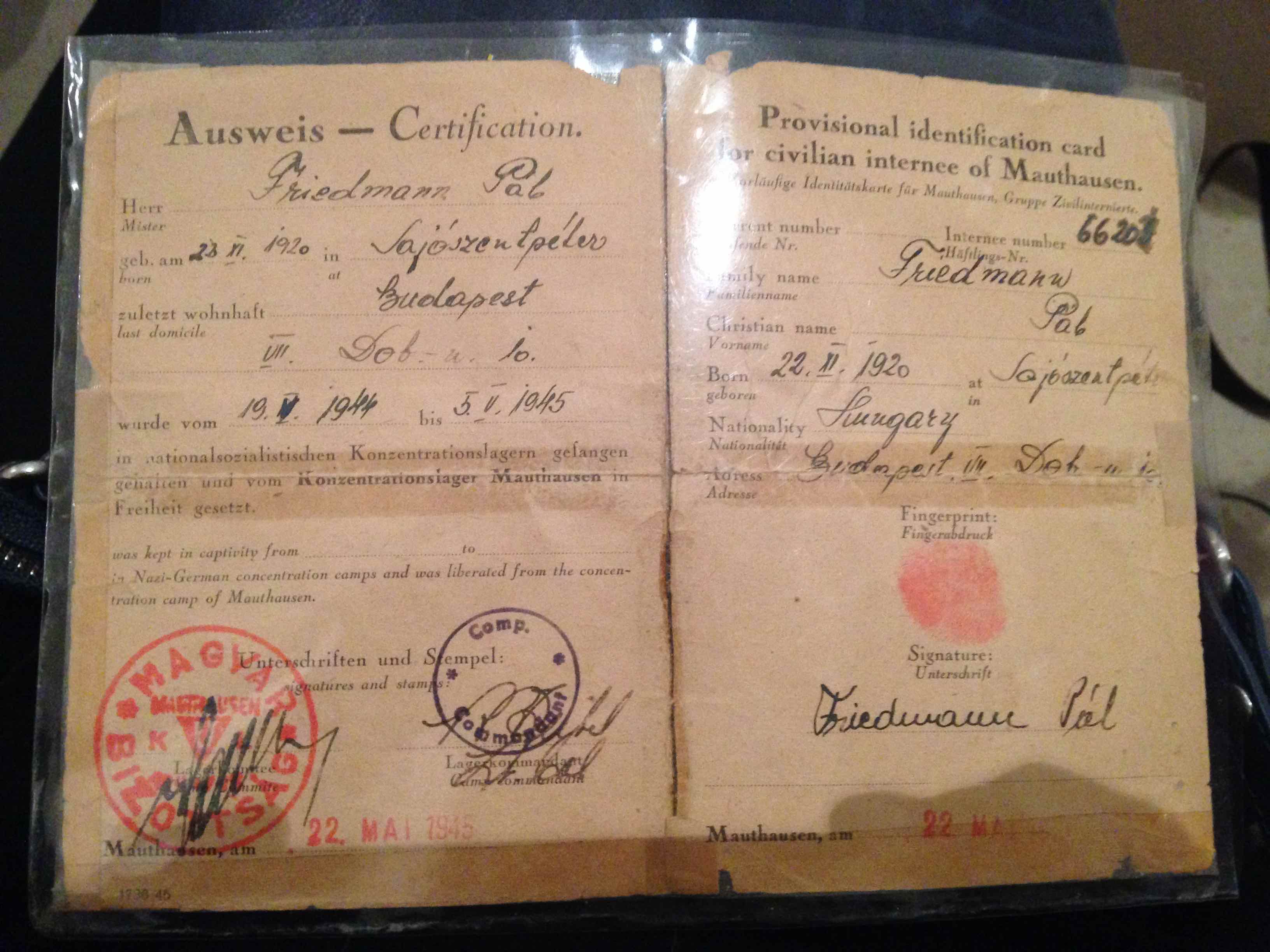Pál Ferenczi’s Mauthausen certificate. Credit: Judit Izinger Pál Ferenczi’s Mauthausen certificate. Credit: Judit Izinger